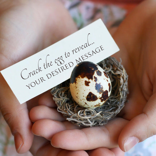 Small speckled egg in a nest held in hands with a message card.