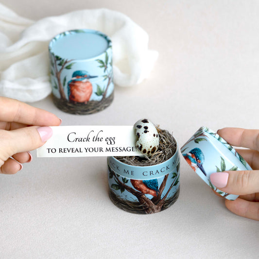 Egg-themed product with a small bird egg in a bird box, being held on a white background, with a note coming out of the egg