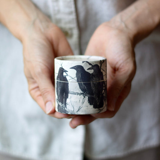 Person holding a small gift box with a raven bird design