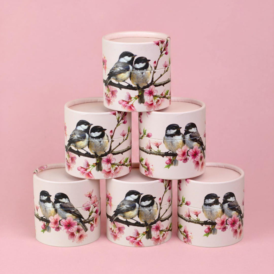 Stack of tube containers with bird and floral design on a pink background