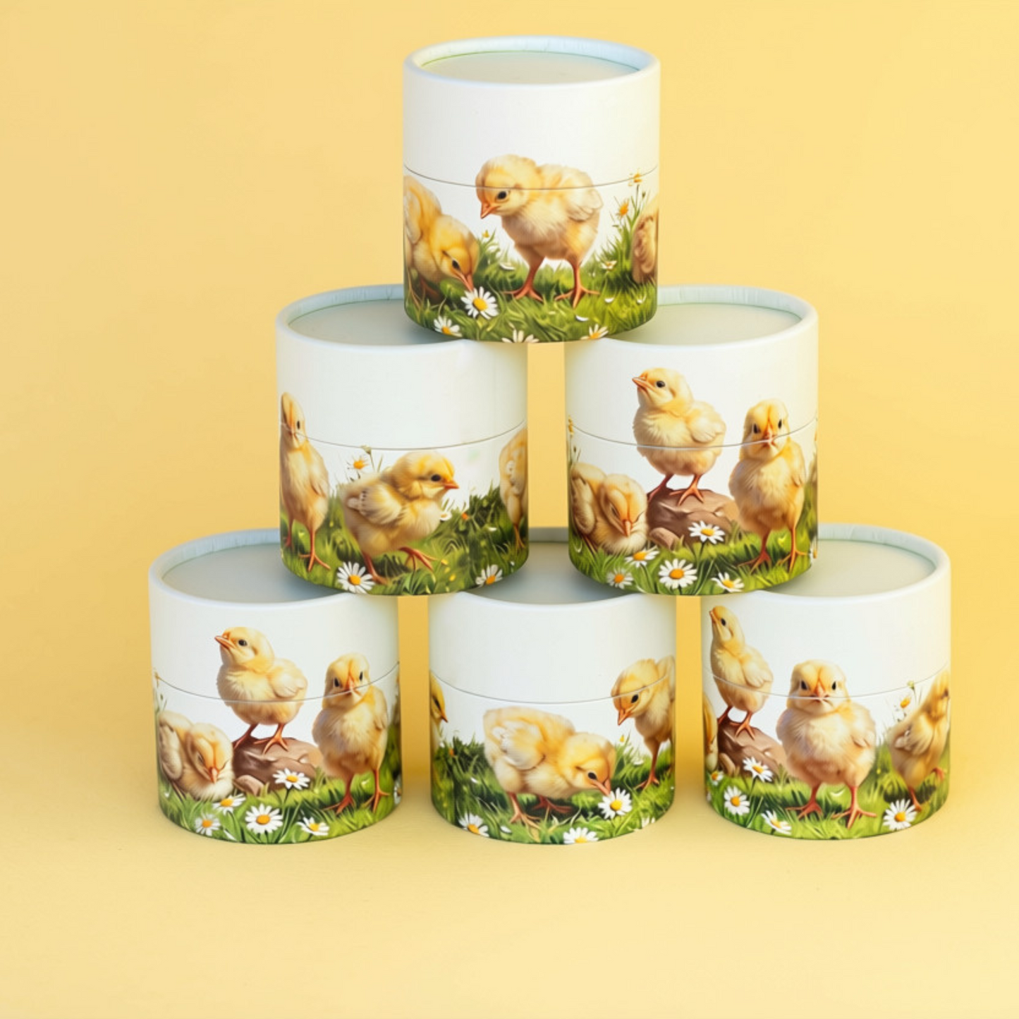 Five cylindrical tins with a white background and a printed illustration of yellow chicks in a grassy field, arranged in a pyramid stack against a soft yellow background.