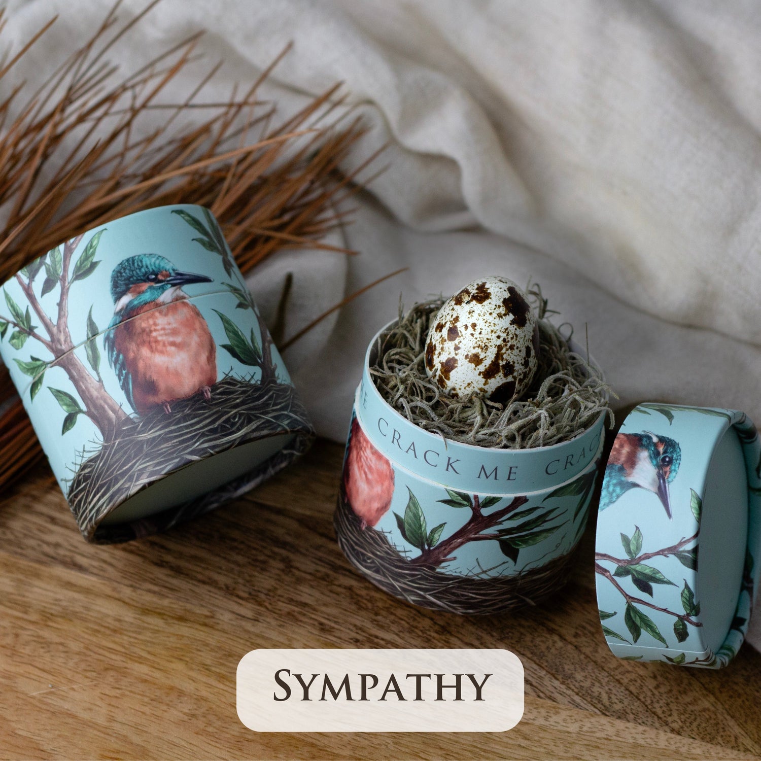 a little bird box with a quail egg inside a nest, a hidden note inside. 