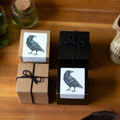 Three small boxes with bird illustrations on a wooden surface, surrounded by bottles and a skull.