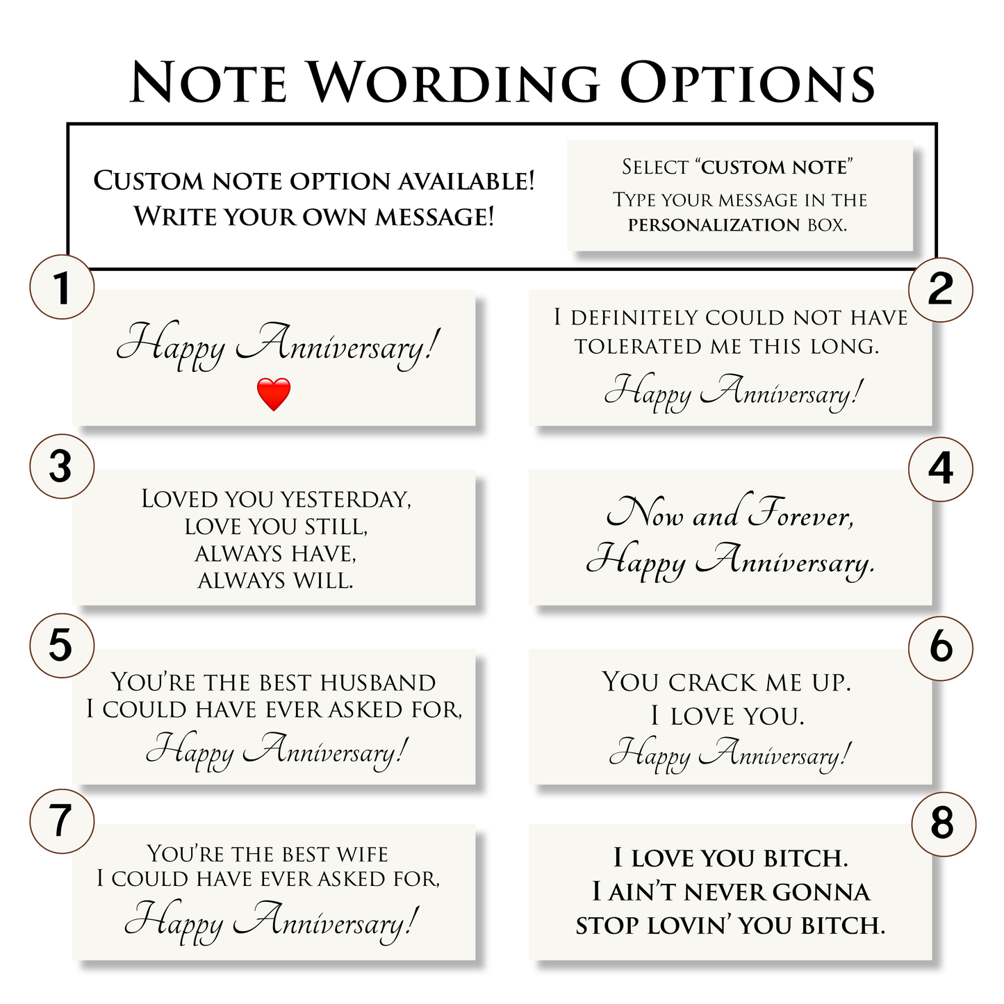 A digital graphic showing eight different 'Happy Anniversary' note wording options, numbered 1 through 8 in a 2x4 grid. The top header reads 'NOTE WORDING OPTIONS' and indicates a custom note option available in the personalization box.
