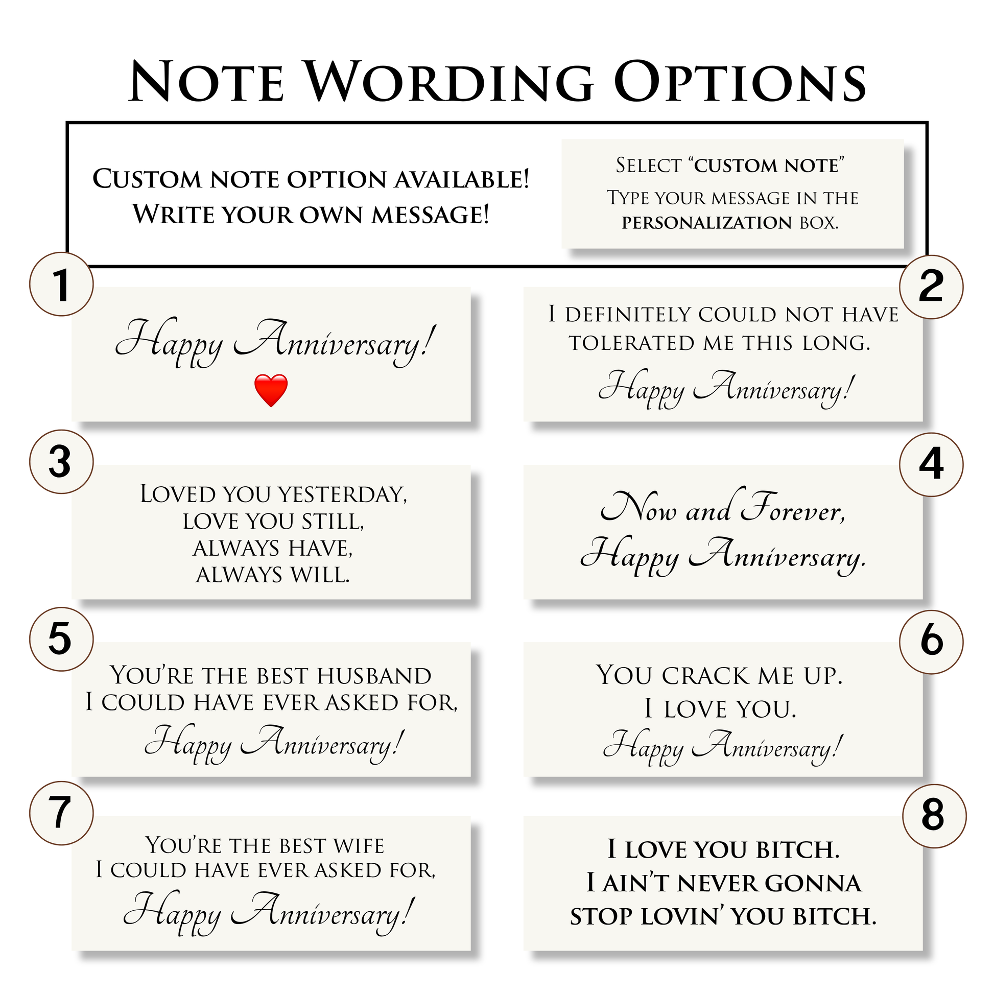 A digital graphic showing eight different 'Happy Anniversary' note wording options, numbered 1 through 8 in a 2x4 grid. The top header reads 'NOTE WORDING OPTIONS' and indicates a custom note option available in the personalization box.