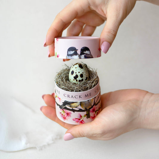 Person holding a small decorative container with a cracked egg and nest on a white background