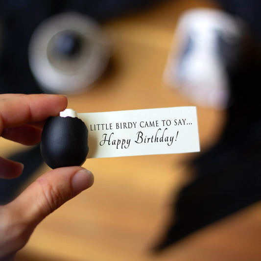 A hand holds a small black egg with a white tag that reads 'LITTLE BIRDY COME TO SAY...Happy Birthday!