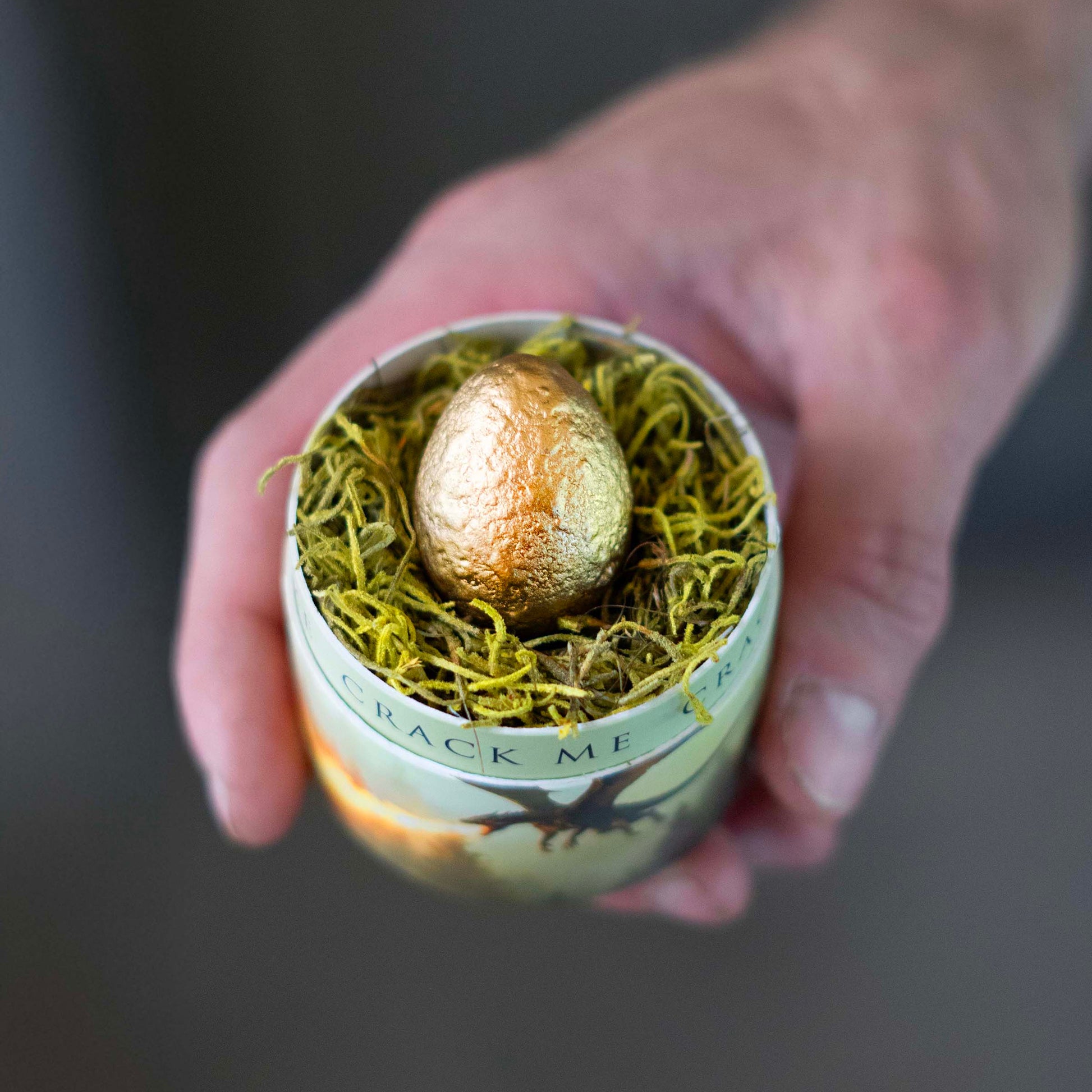 A golden "dragon" egg sits in a nest of green moss within a dragon themed box that reads "crack me"