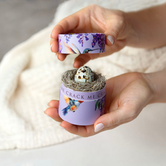 Hand holding a small container with a decorative lid featuring birds and flowers, containing a small bird's nest with eggs.