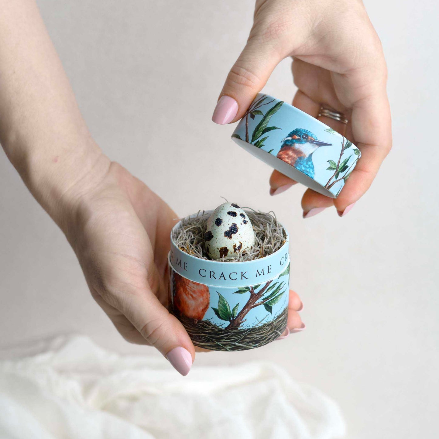 Hands hold a small, blue, kingfisher bird box.  The lid is off and the rim of the box reads "crack me".  Within is a nest with a speckled quail egg. 