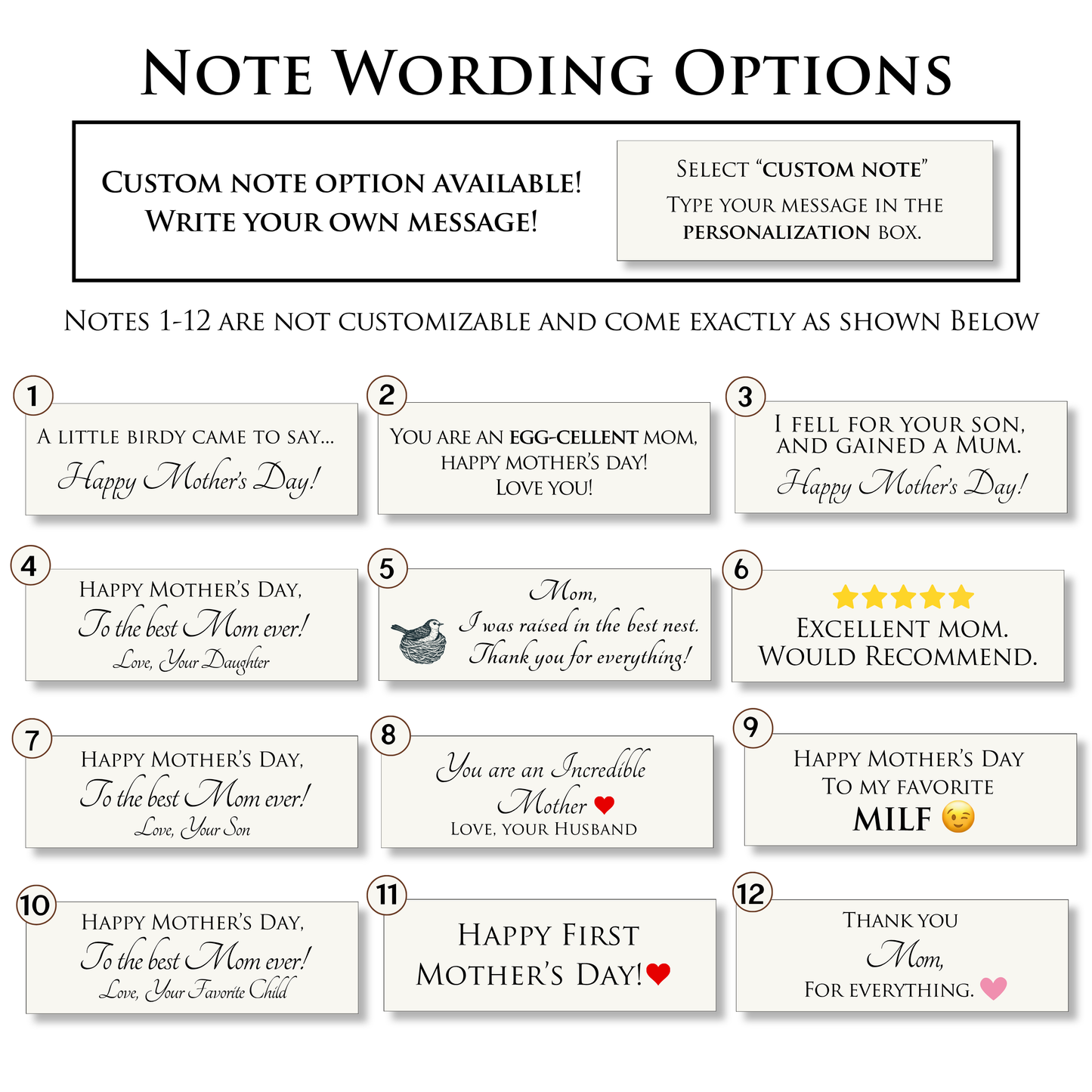 A digital graphic showing 12 different note wording options for Mother's Day, with text explaining that custom note options are available and listing sample messages ranging from cute and funny to sentimental and celebratory.