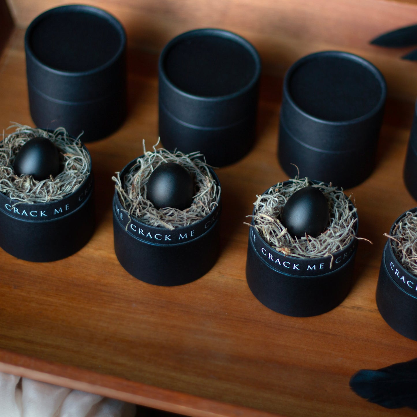 8 black cylindrical containers reading 'CRACK ME' are arranged on a wooden tray, each holding a black egg nestled in a moss nest, with additional black feathers around them.