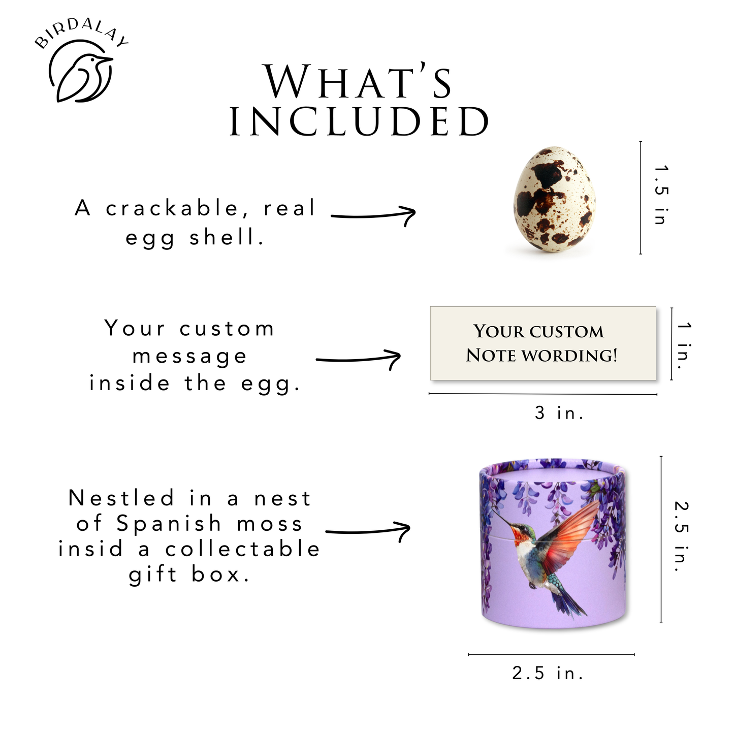 An informational product graphic on a white background showing what is included for a custom quail egg candle. It includes a text description, a small quail egg shell illustration labeled 1.
