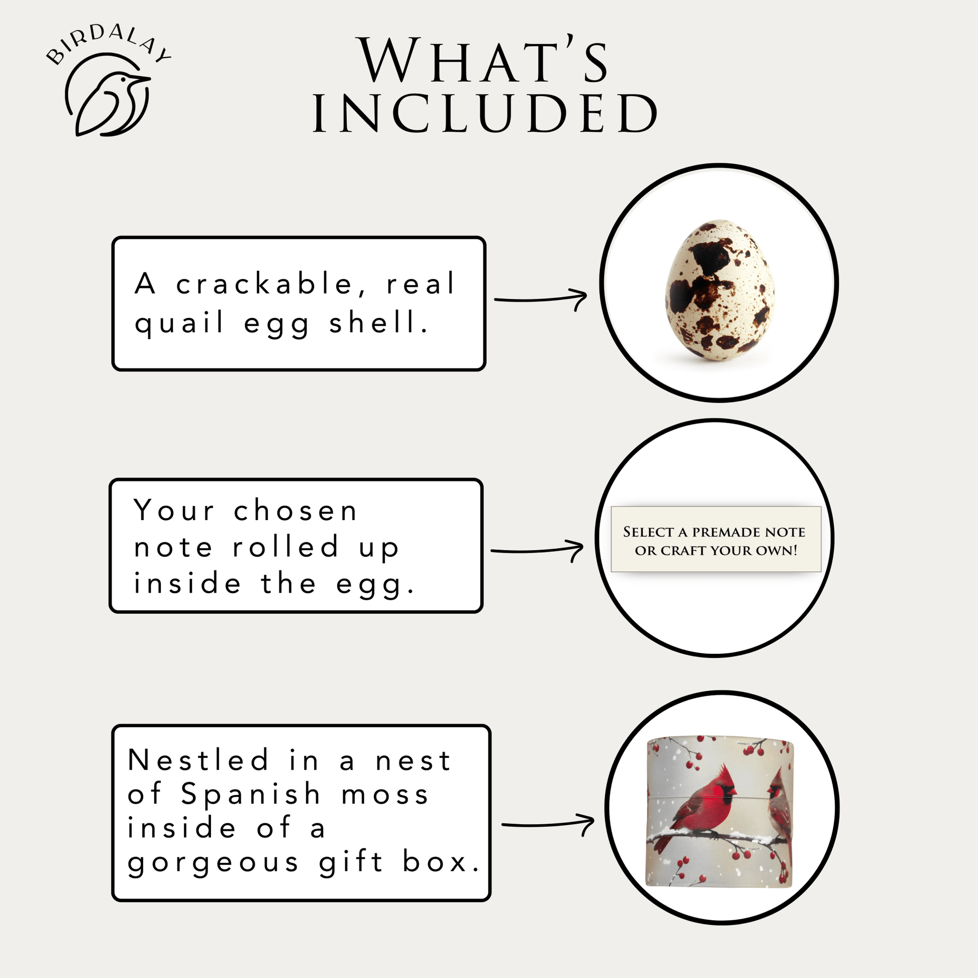 Product description card with a quail egg, Spanish moss, and gift box on a white background.