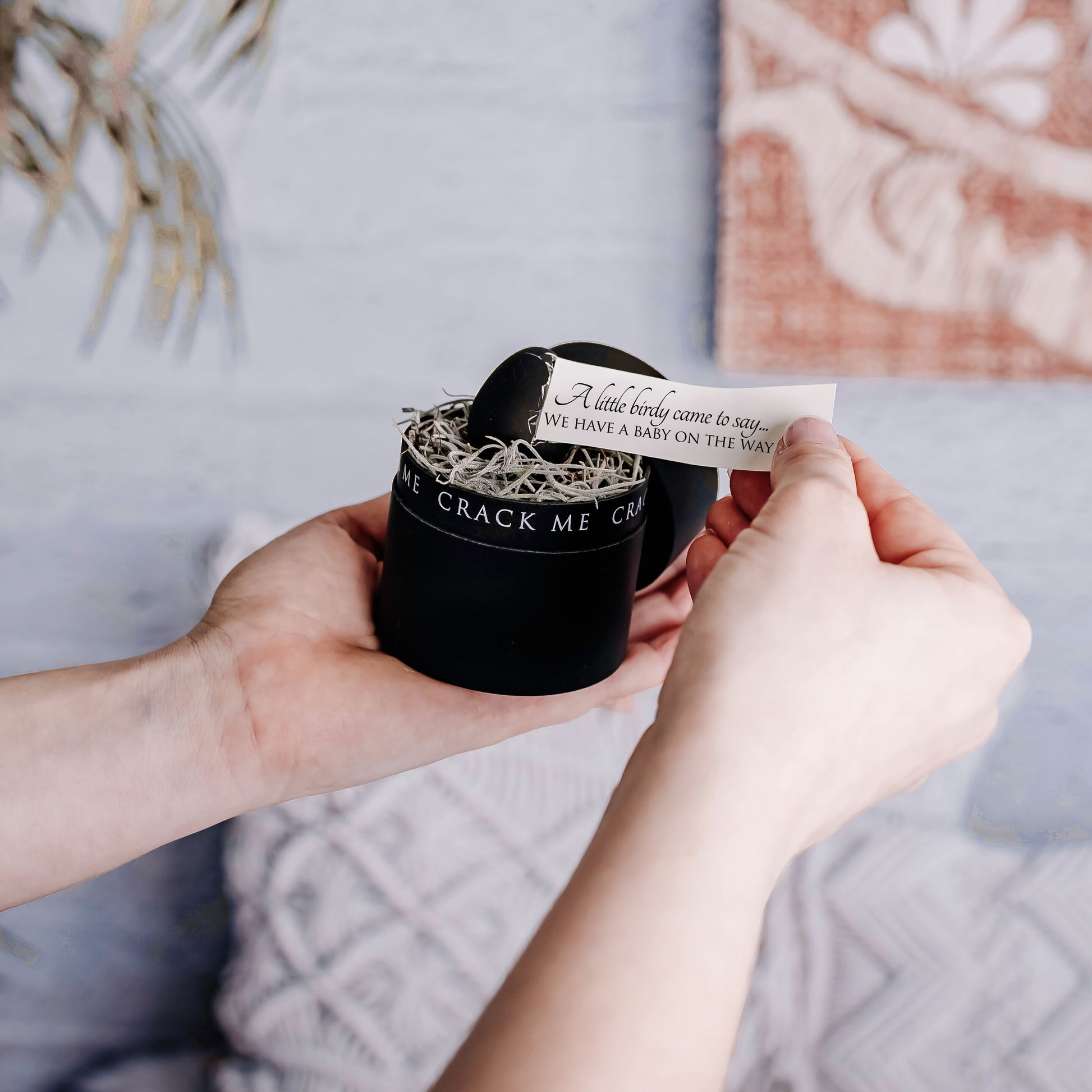 A person holds a black cylindrical tin labeled 'Crack me' while pulling a small white paper note out of a black egg nestled inside. The background shows a softly blurred home interior with a patterned textile and plant.