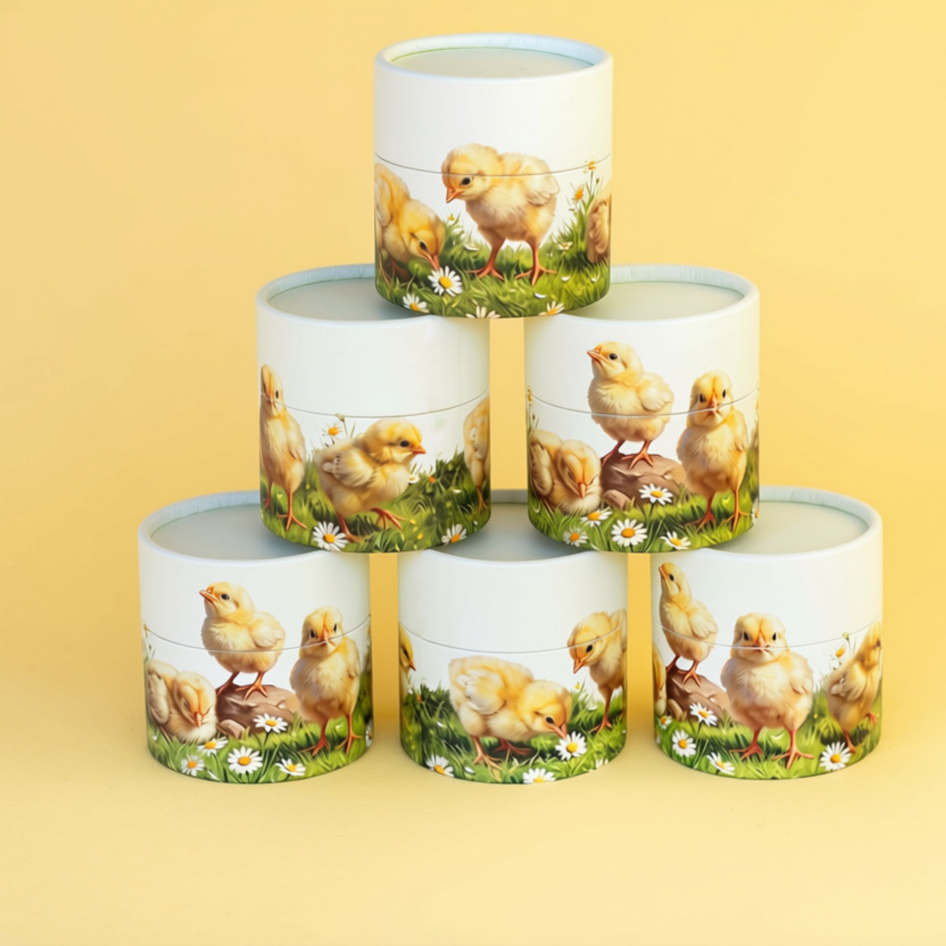 Five cylindrical tins with a white background and a printed illustration of yellow chicks in a grassy field, arranged in a pyramid stack against a soft yellow background.