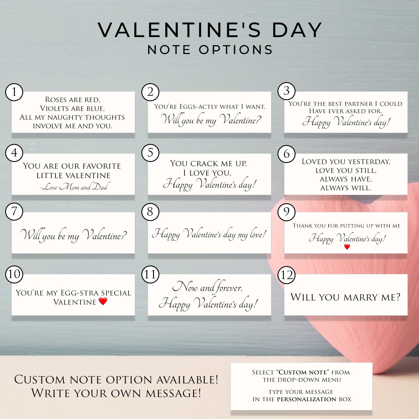 Valentine's Day note options with various romantic messages on a gray background.